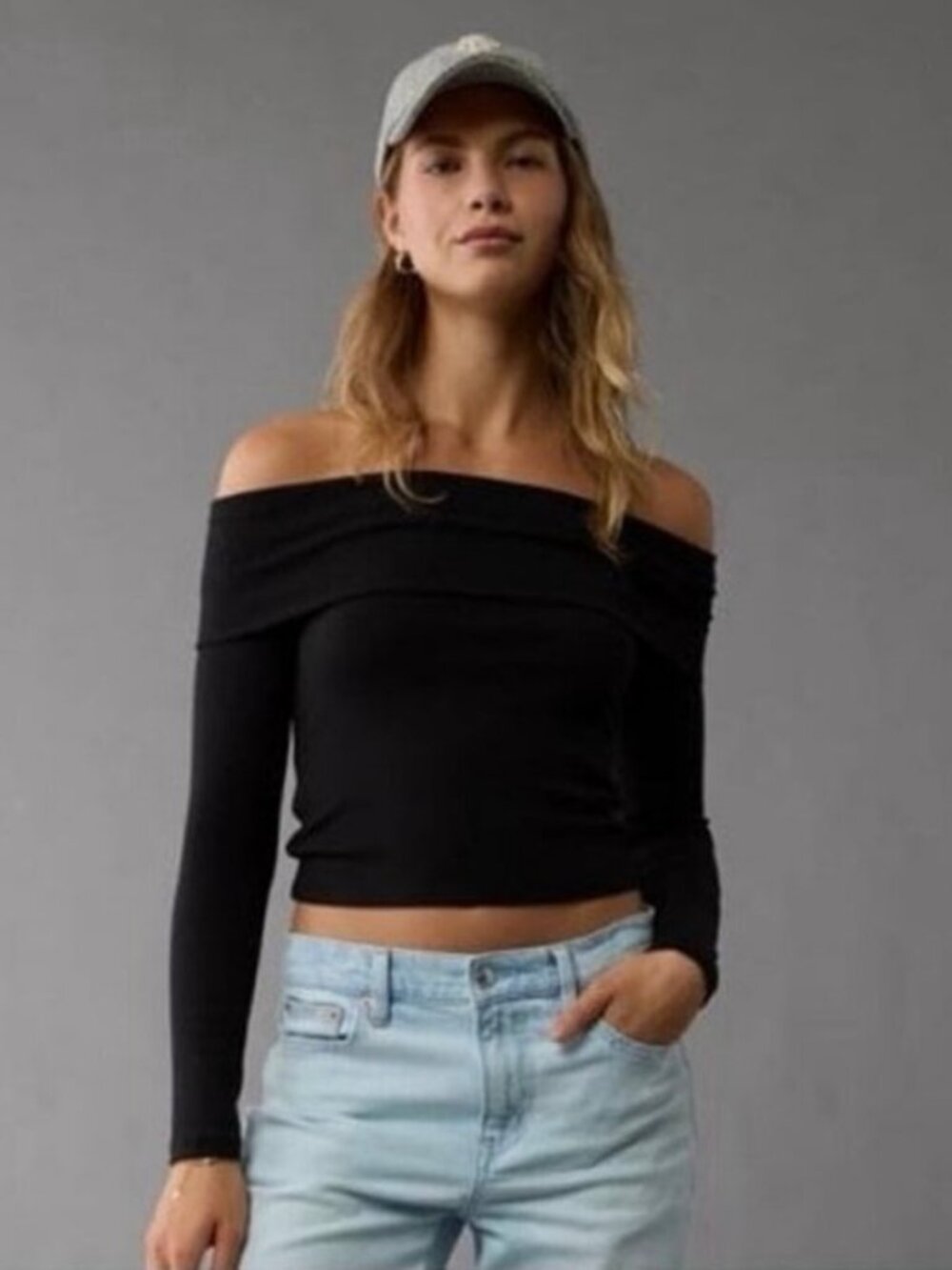 American Eagle Off Shoulder Black Cozy Crop Sweater Medium Soft Top